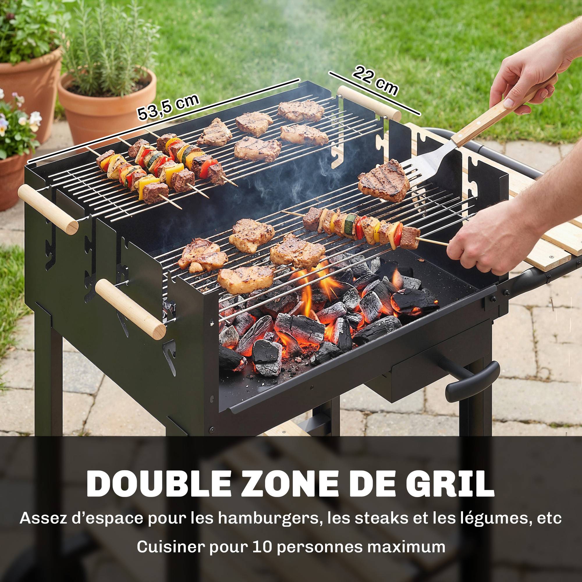 Chariot à barbecue de bois avec 2 grilles réglables, barbecue au charbon de bois sur roulettes, tablette latérale, noir - Image 6