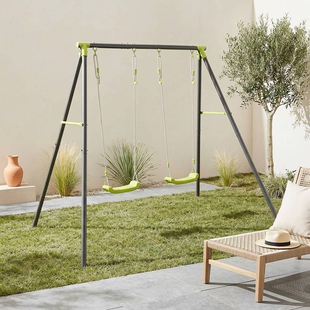 sweeek - Portique balançoire double en métal BISE. 2 places. noir et vert. acier. L 217 x P 153 x H 195 cm | sweeek - Image 1