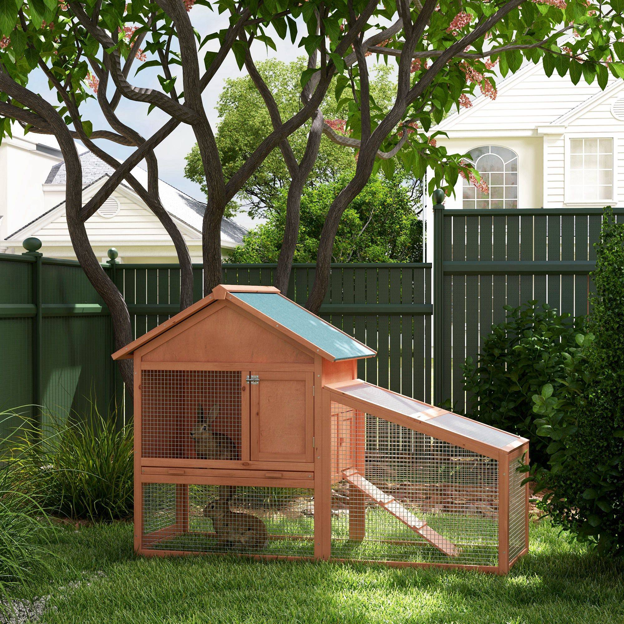 Clapier Extérieur 2 Niveaux en Bois de Sapin pour Lapins avec Enclos Spacieux et Toit Bitumé 144cm - ComfortXL Outdoor Living - Image 4
