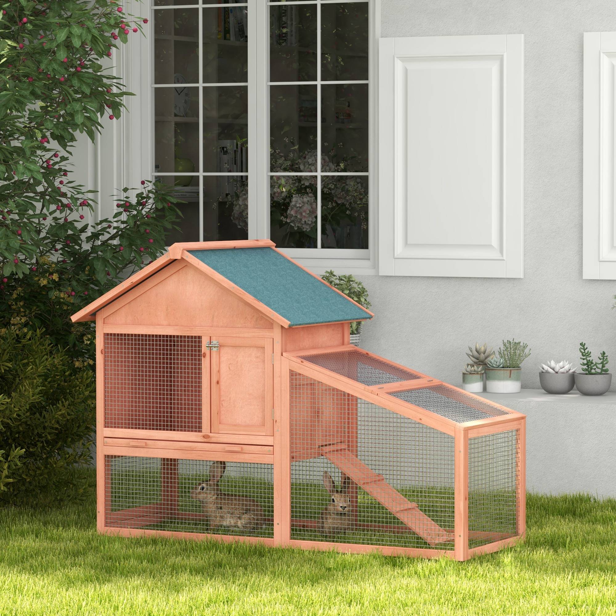 Clapier Extérieur 2 Niveaux en Bois de Sapin pour Lapins avec Enclos Spacieux et Toit Bitumé 144cm - ComfortXL Outdoor Living - Image 3