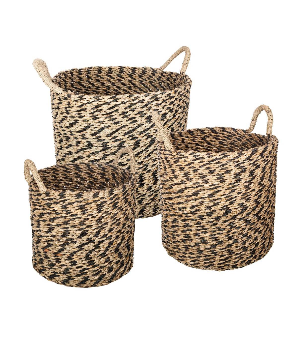 Set de 3 Paniers de rangement rond en Osier Noir et Naturel - Image 1