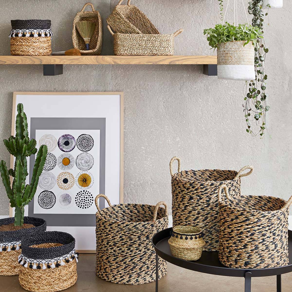 Set de 3 Paniers de rangement rond en Osier Noir et Naturel - Image 8