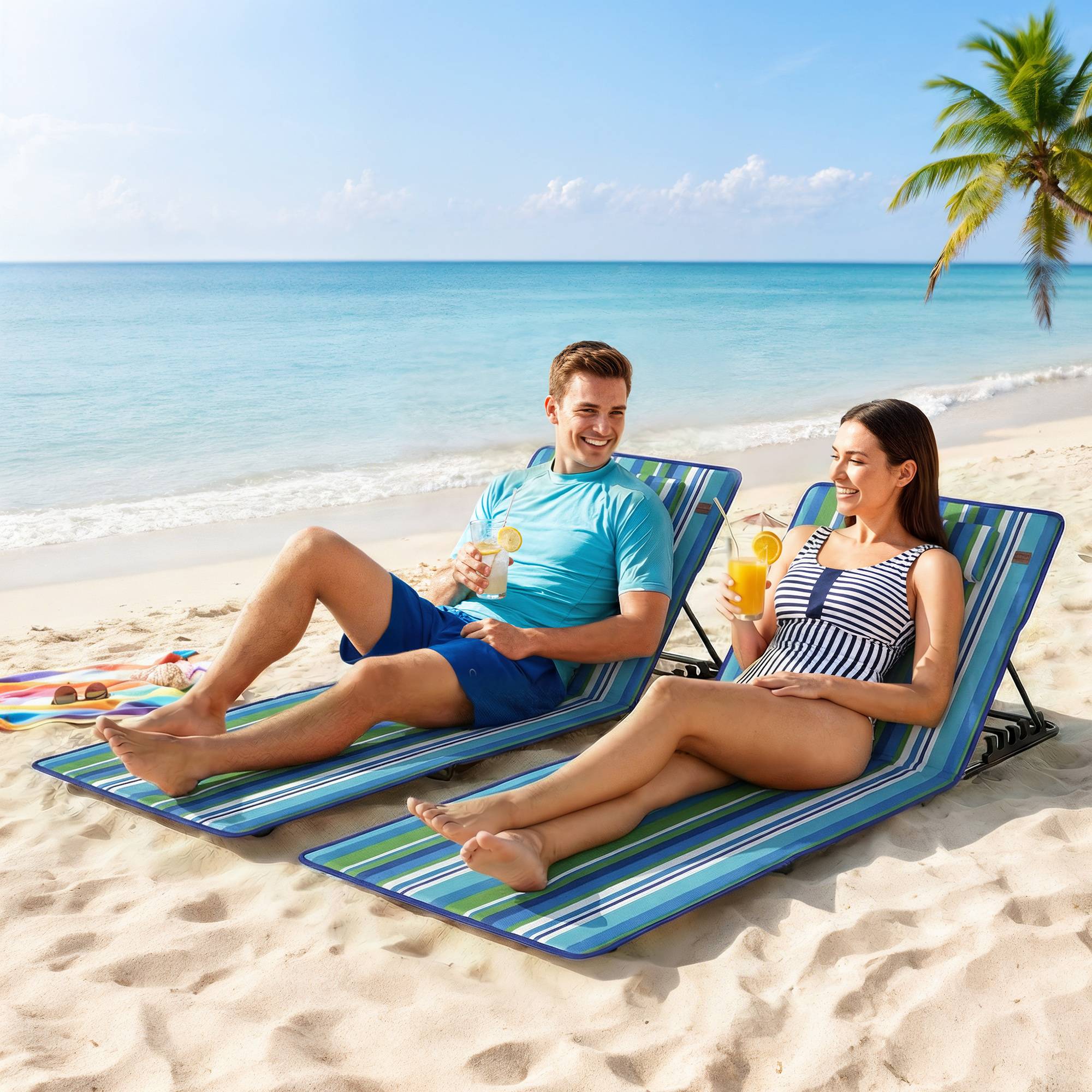 Ensemble de 2 tapis de plage pliables et légers avec dossier réglable, appui-tête et sac de rangement. - Image 4
