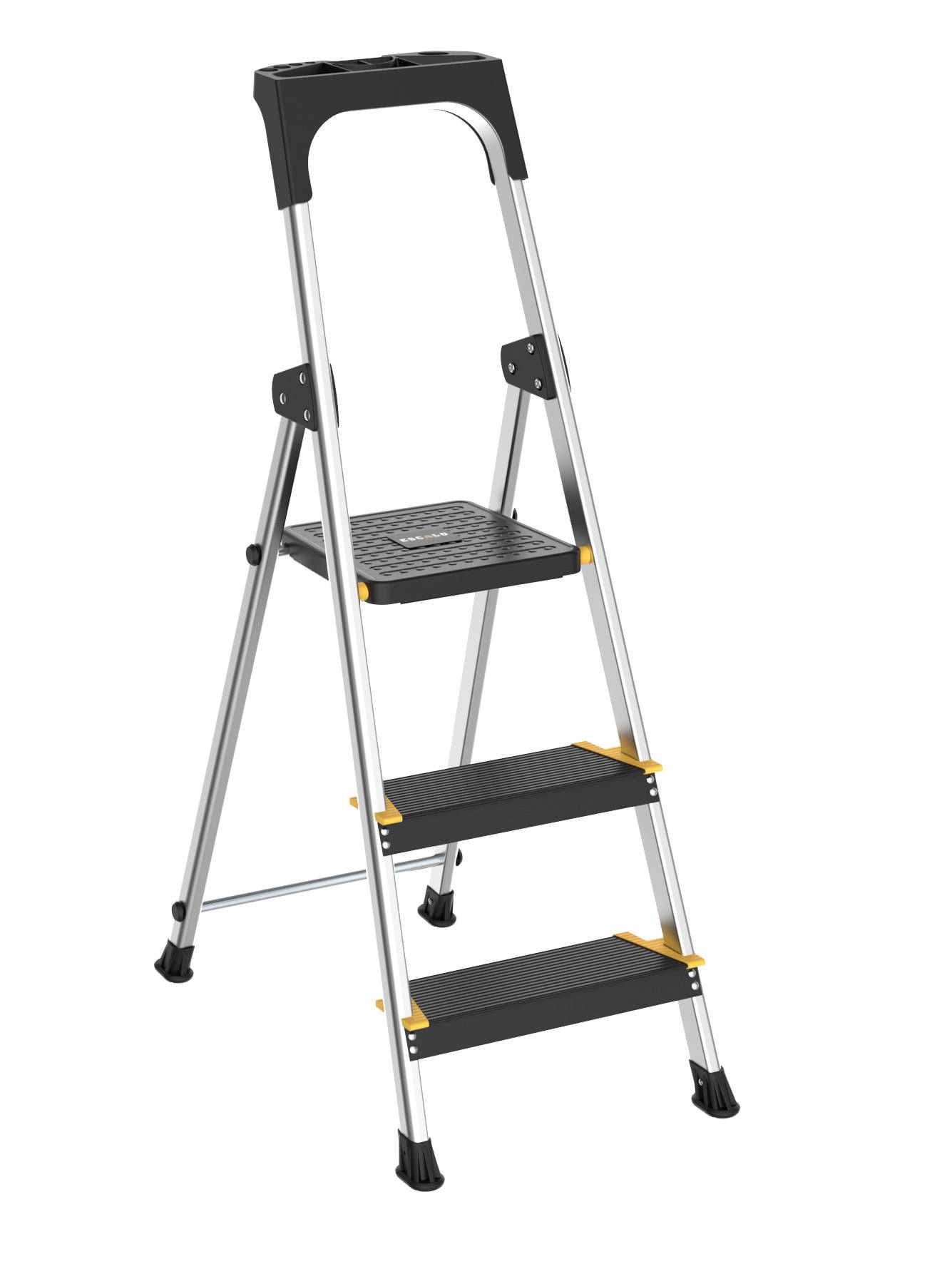 Escabeau aluminium 3 marches noir avec porte-outils et marches extra larges - ESCALO - Image 1