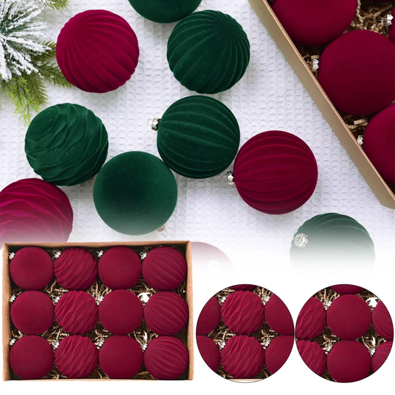 2 paquets de 12 décorations de Noël en velours, ornements à suspendre pour sapin de Noël floqués, décorations d'ampoules de Noël incassables - Image 1