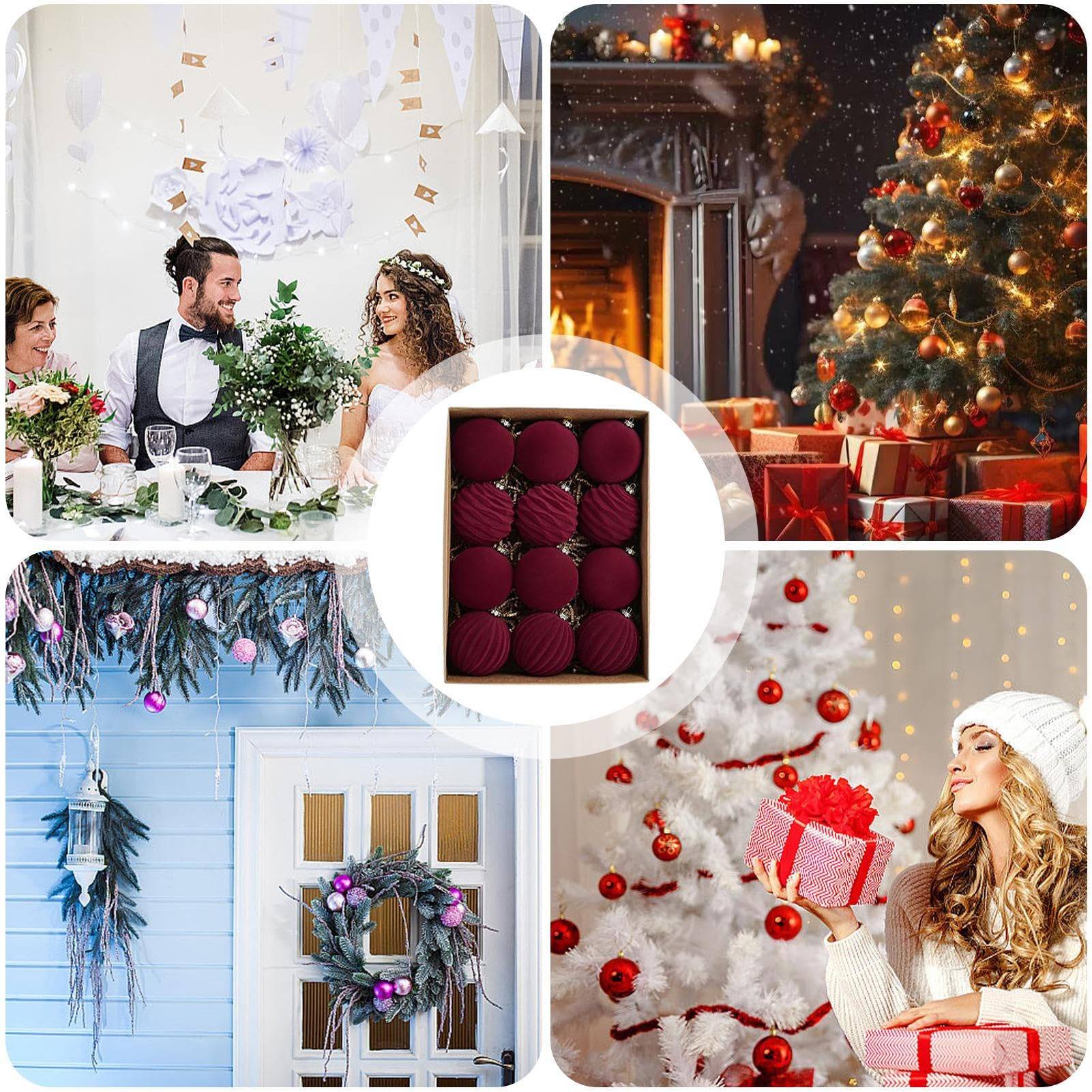 2 paquets de 12 décorations de Noël en velours, ornements à suspendre pour sapin de Noël floqués, décorations d'ampoules de Noël incassables - Image 7