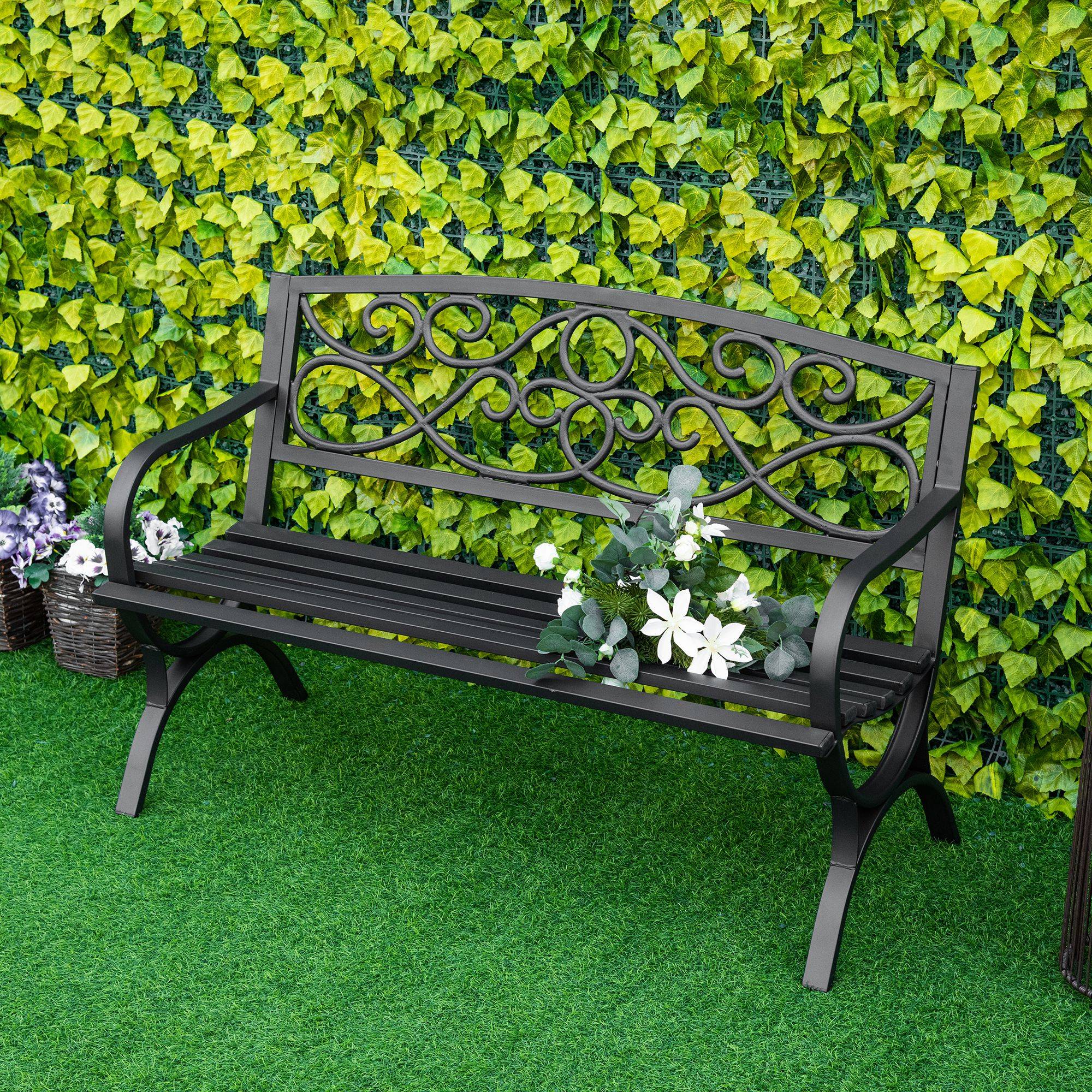 Banc de jardin 2 places banquette extérieur terrasse patio dossier incliné assise à lattes accoudoirs - Image 4