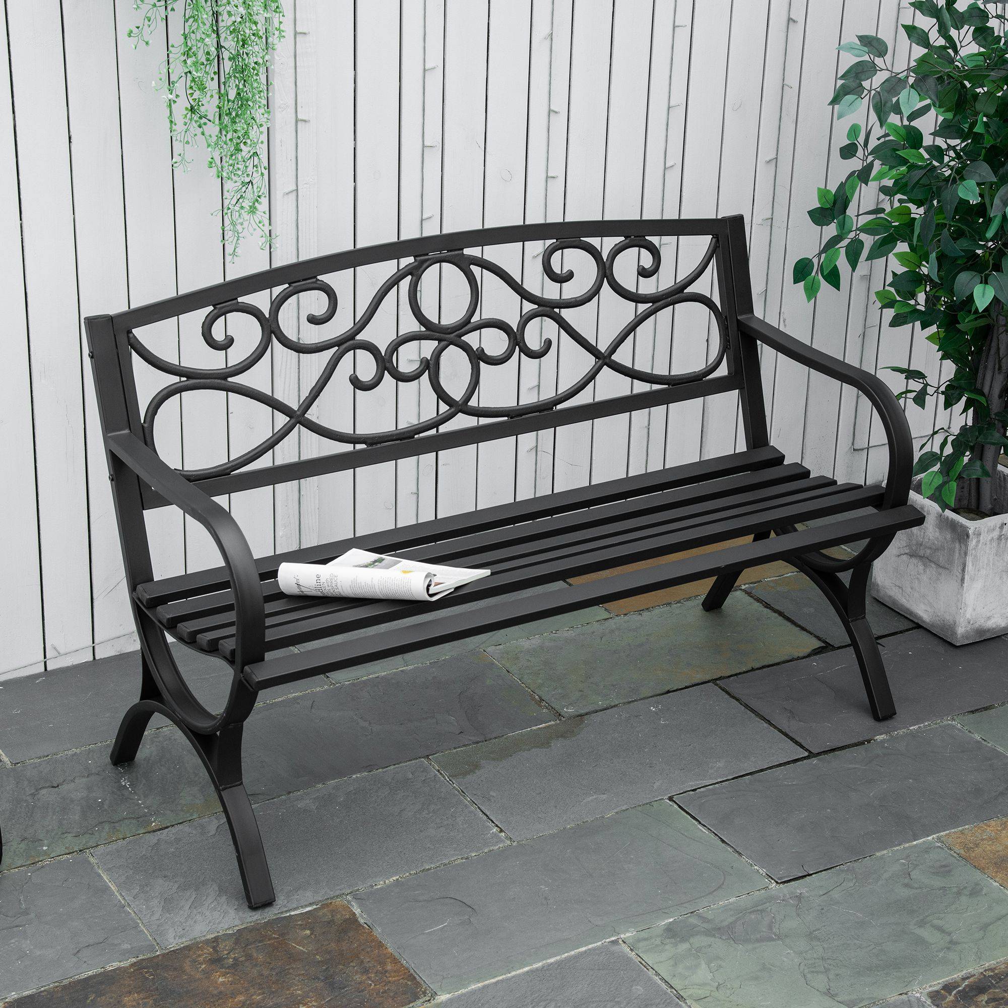 Banc de jardin 2 places banquette extérieur terrasse patio dossier incliné assise à lattes accoudoirs - Image 3