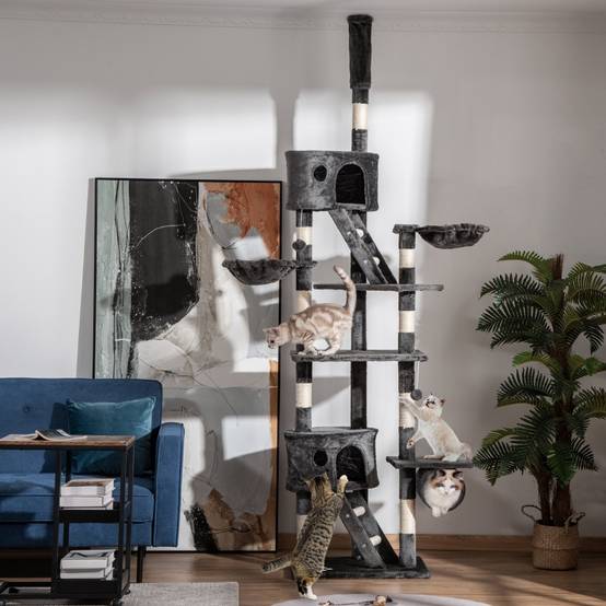 Arbre à Chat XXL Ajustable Sisal Gris 240-260cm Tour Griffoir Multi-Niveaux - ComfortXL Pet Living - Image 1