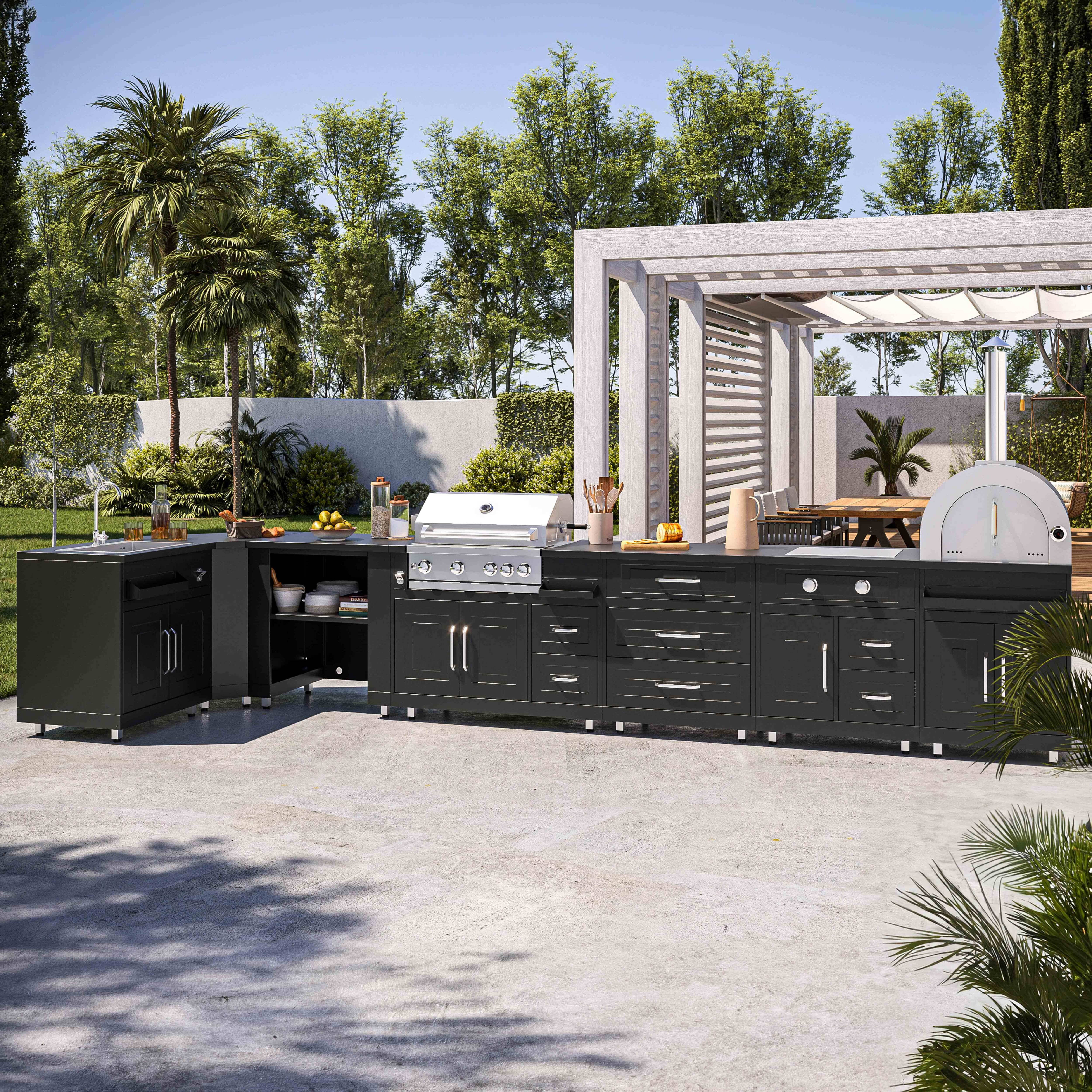 Oviala - Cuisine d'extérieur angle 7 éléments dont 3 modules de cuisson/évier Memphis - Oviala - Image 1
