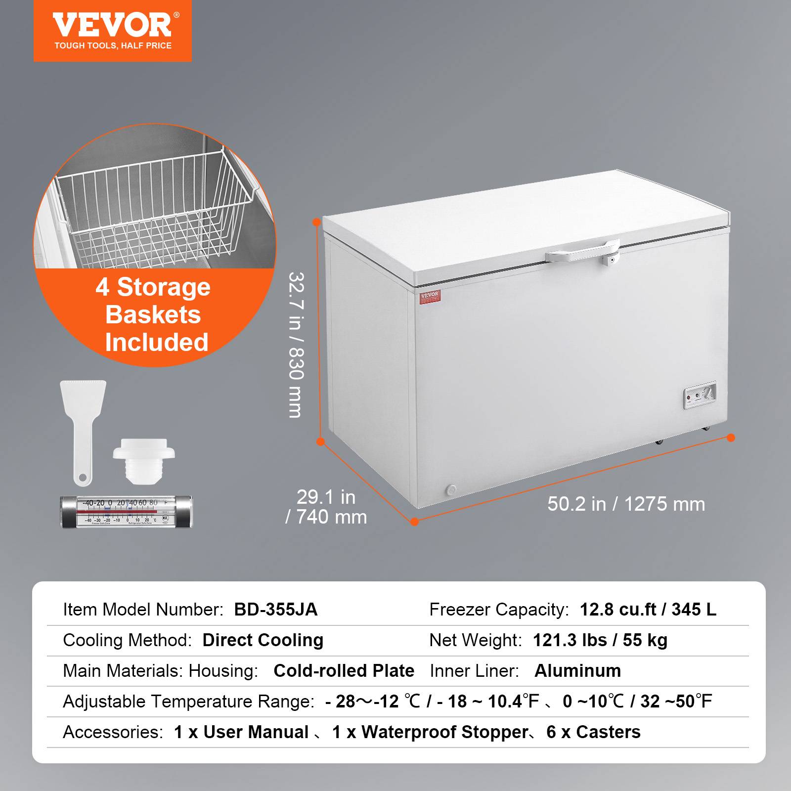 Vevor - VEVOR Congélateur coffre 345 L, 4 paniers amovibles, verrouillable. 7 températures, maison, restaurant. - Image 7