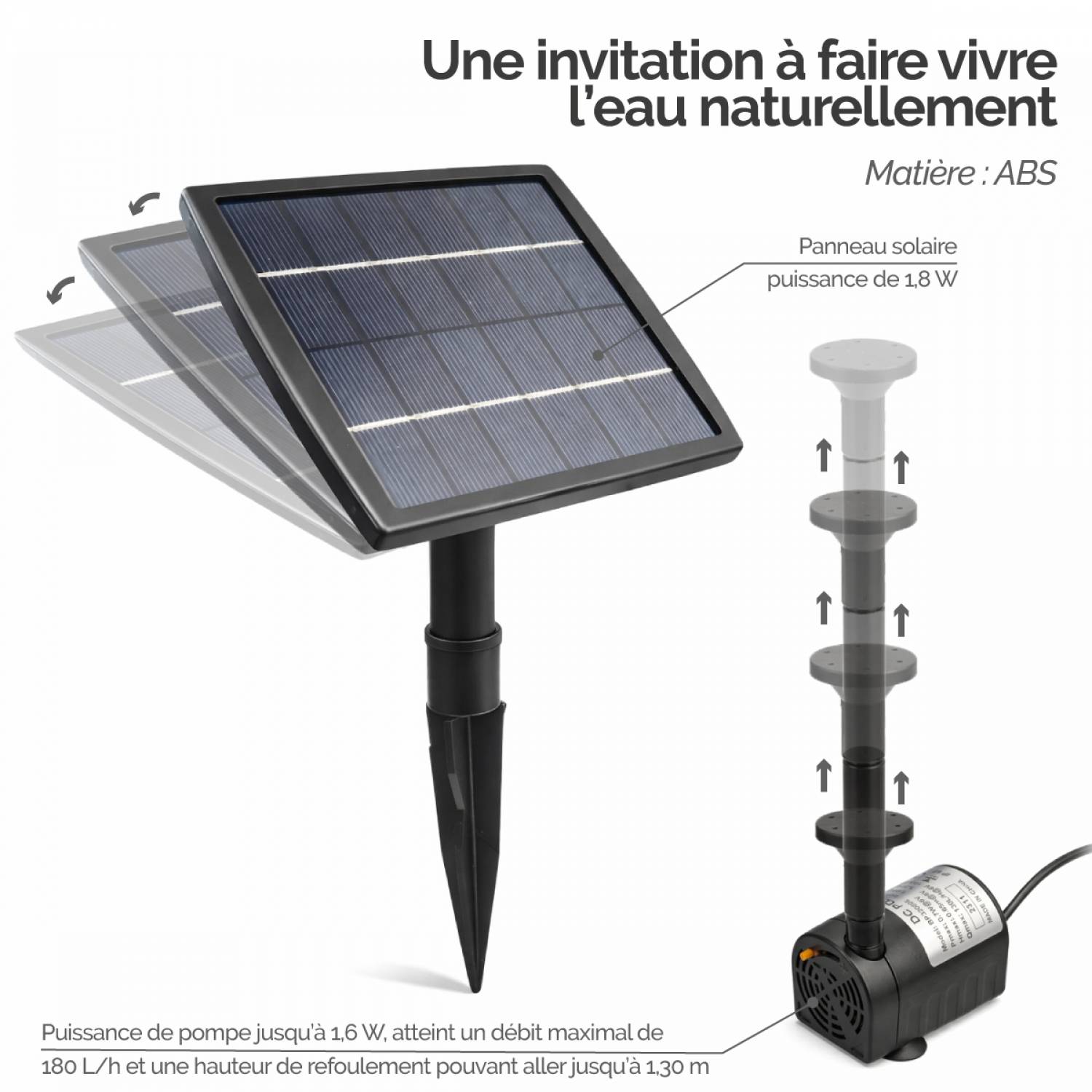 Pompe à eau solaire pour fontaine, piscine, bassin extérieur de jardin avec câble de 3m - Noir - Linxor - Image 3