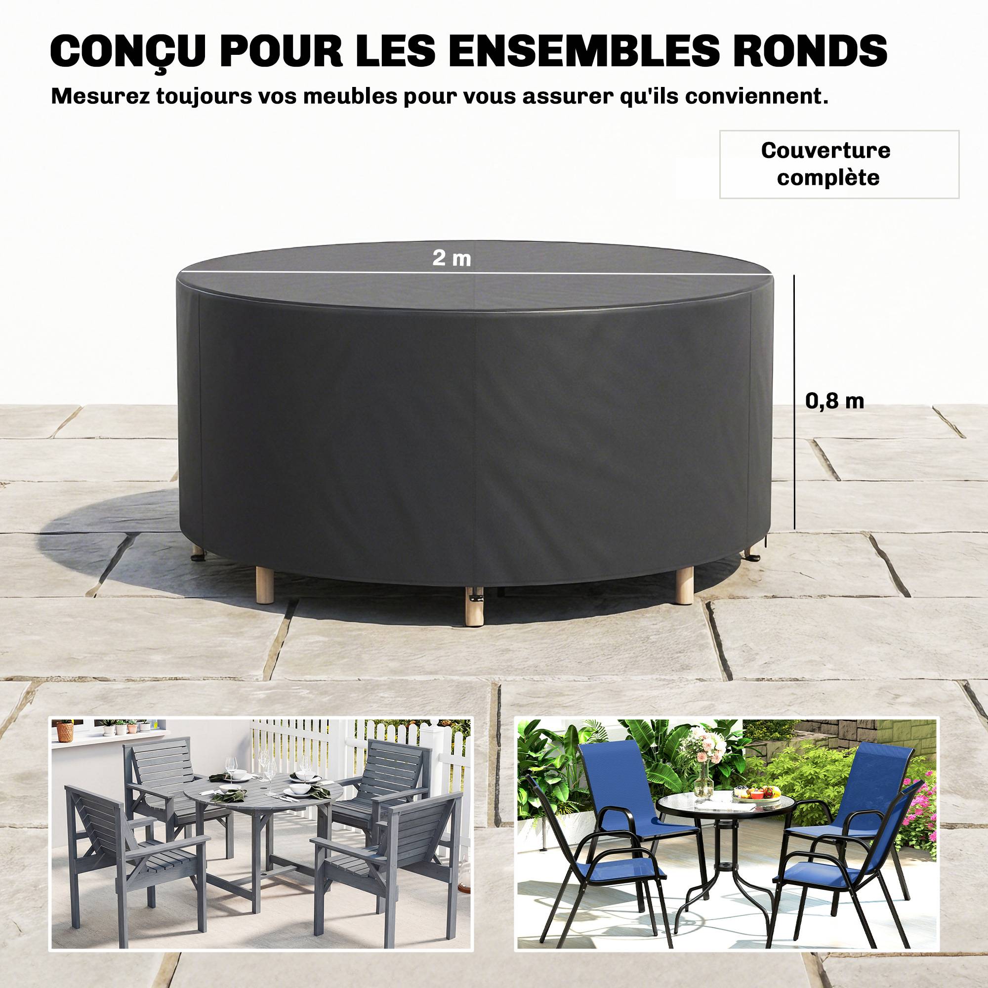 Housse de mobilier de jardin imperméable pour table ronde, tissu Oxford 420D pour jardin extérieur, Ø200 x 80 cm, noir - Image 5
