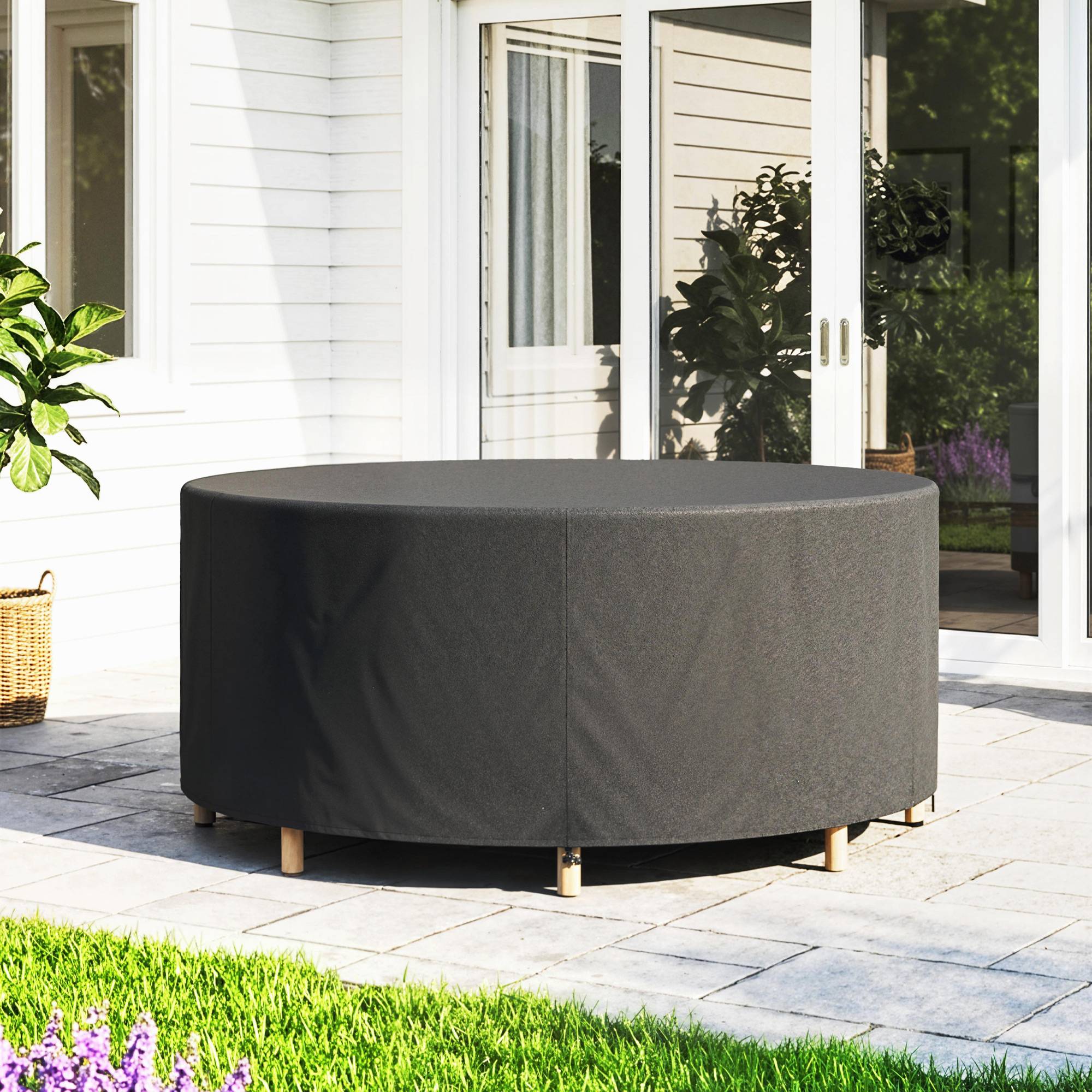 Housse de mobilier de jardin imperméable pour table ronde, tissu Oxford 420D pour jardin extérieur, Ø200 x 80 cm, noir - Image 10