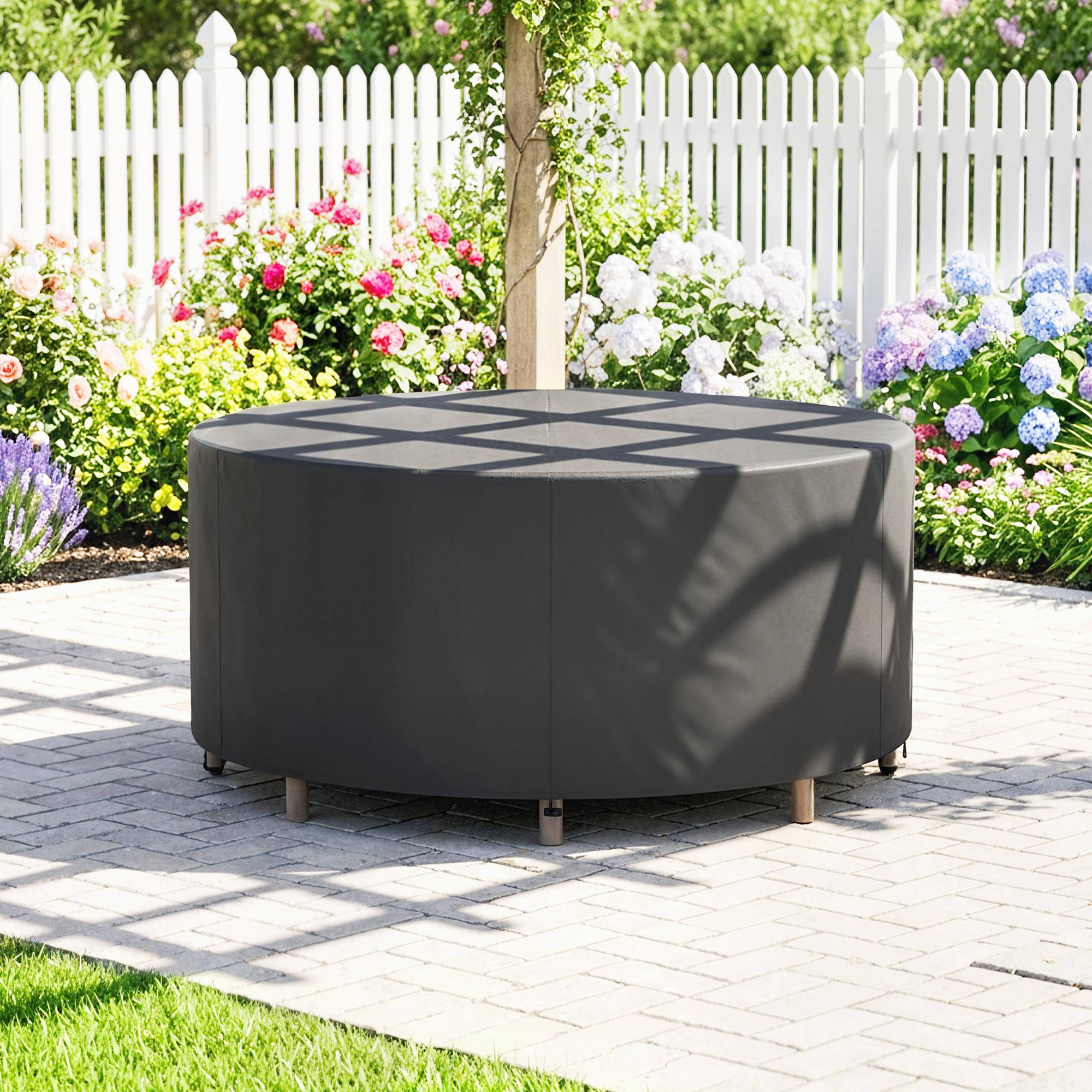 Housse de mobilier de jardin imperméable pour table ronde, tissu Oxford 420D pour jardin extérieur, Ø200 x 80 cm, noir - Image 3