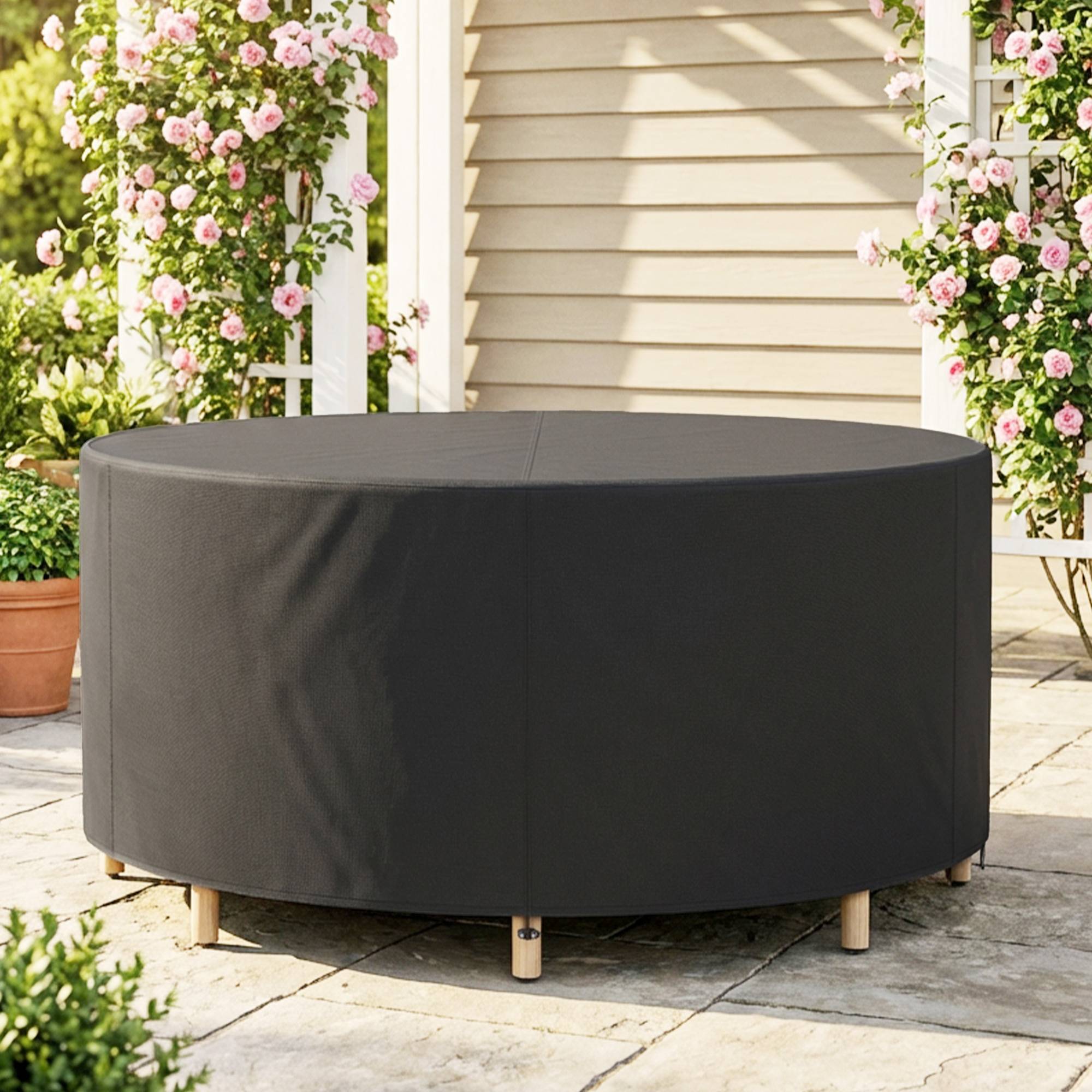 Housse de mobilier de jardin imperméable pour table ronde, tissu Oxford 420D pour jardin extérieur, Ø200 x 80 cm, noir - Image 4