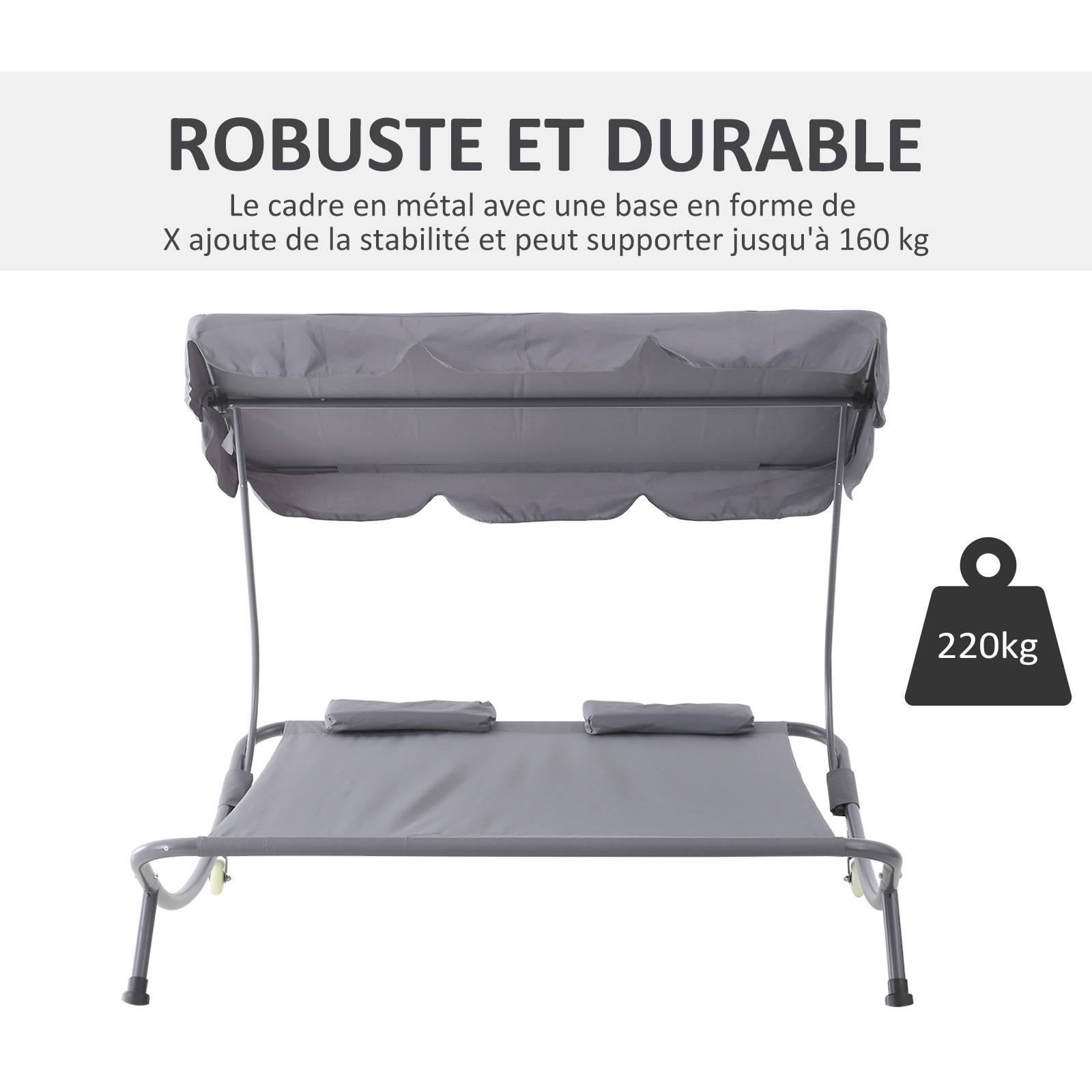 Outsunny - Bain de soleil 2 places lit de jardin design contemporain toit réglable 2 roulettes 2 oreillers acier époxy polyester gris - Outsunny - Image 6