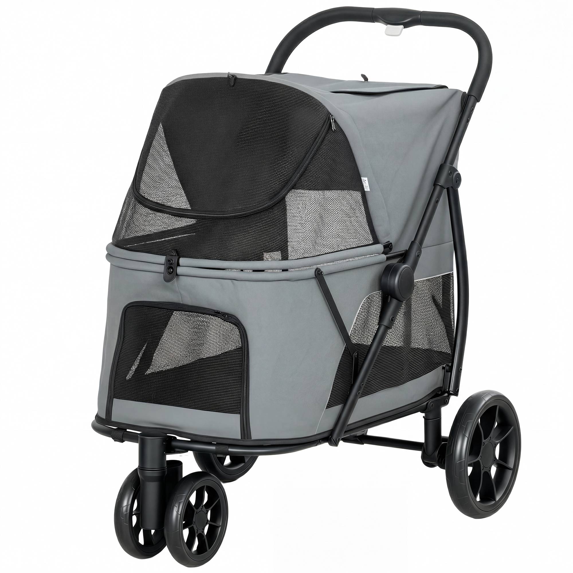 Poussette pliable pour chien à 3 roues, fenêtres en filet, coussin lavable, tout terrain, capacité de charge 20 kg, 92 x 63 x 95 cm, grise - Image 2