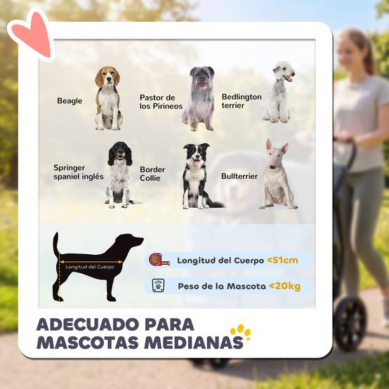 Poussette pliable pour chien à 3 roues, fenêtres en filet, coussin lavable, tout terrain, capacité de charge 20 kg, 92 x 63 x 95 cm, grise - Image 10