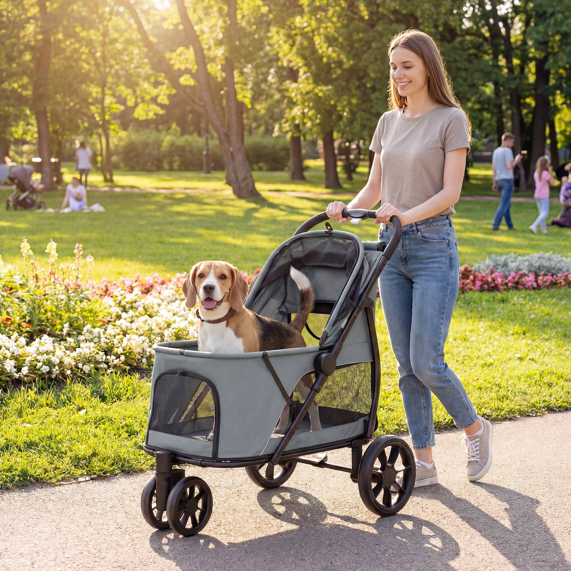 Poussette pliable pour chien à 3 roues, fenêtres en filet, coussin lavable, tout terrain, capacité de charge 20 kg, 92 x 63 x 95 cm, grise - Image 3