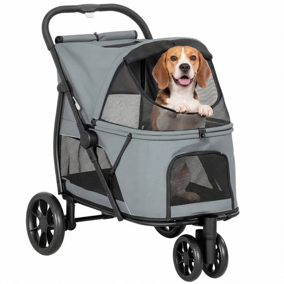 Poussette pliable pour chien à 3 roues, fenêtres en filet, coussin lavable, tout terrain, capacité de charge 20 kg, 92 x 63 x 95 cm, grise - Image 1