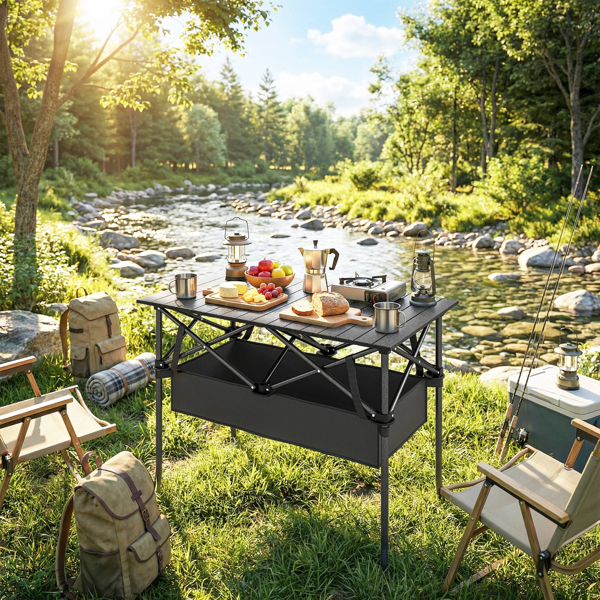 Sans Marque - Table pique-nique roulante pliable, rangement filet, sac, extérieur, noir - Image 10