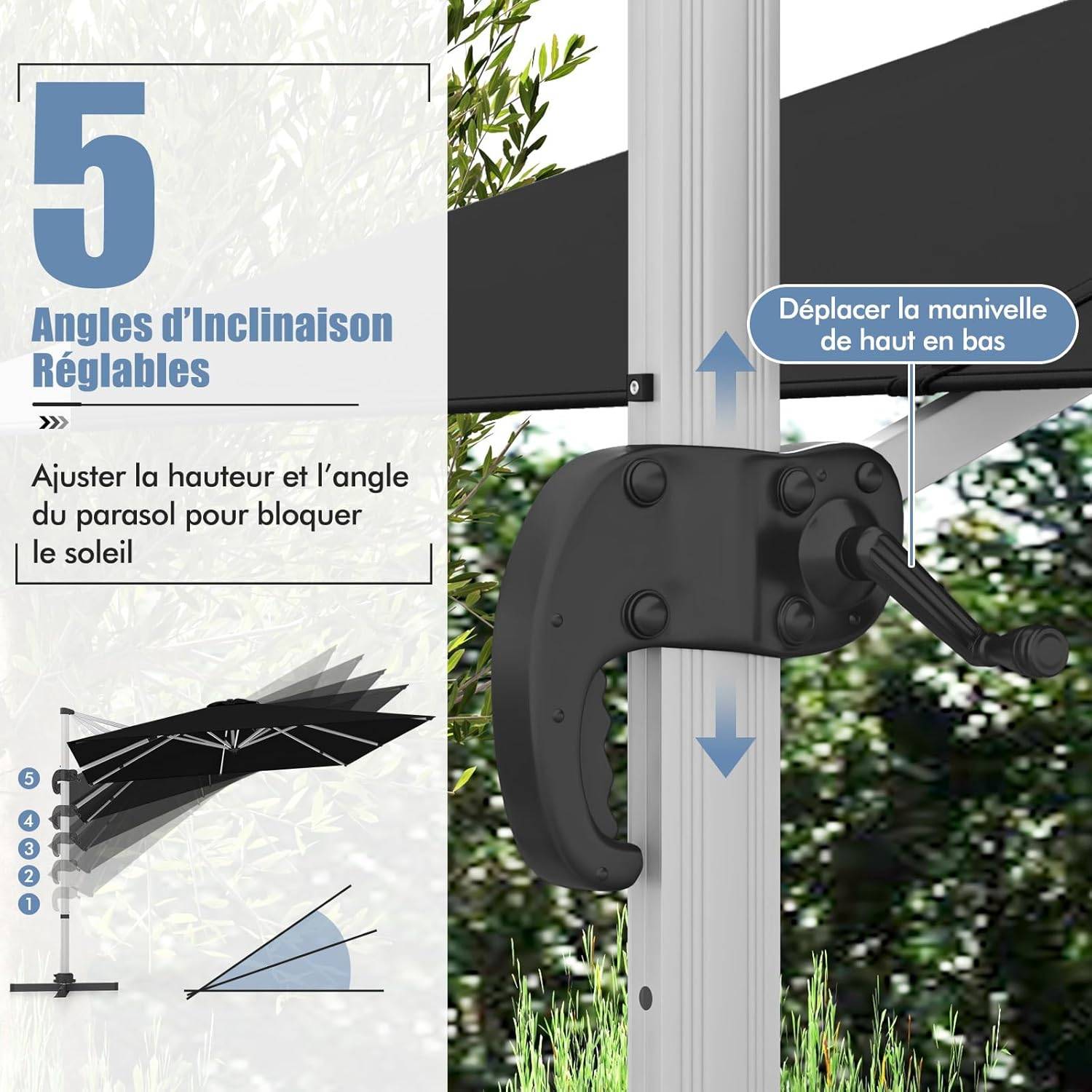 Costway - Parasol Déporté Inclinable 3x3M, Base en Croix, 5 Angles, Hauteurs Réglables, Parasol Excentré Rotatif à 360° avec Manivelle, Double Toit,Noir - Image 6