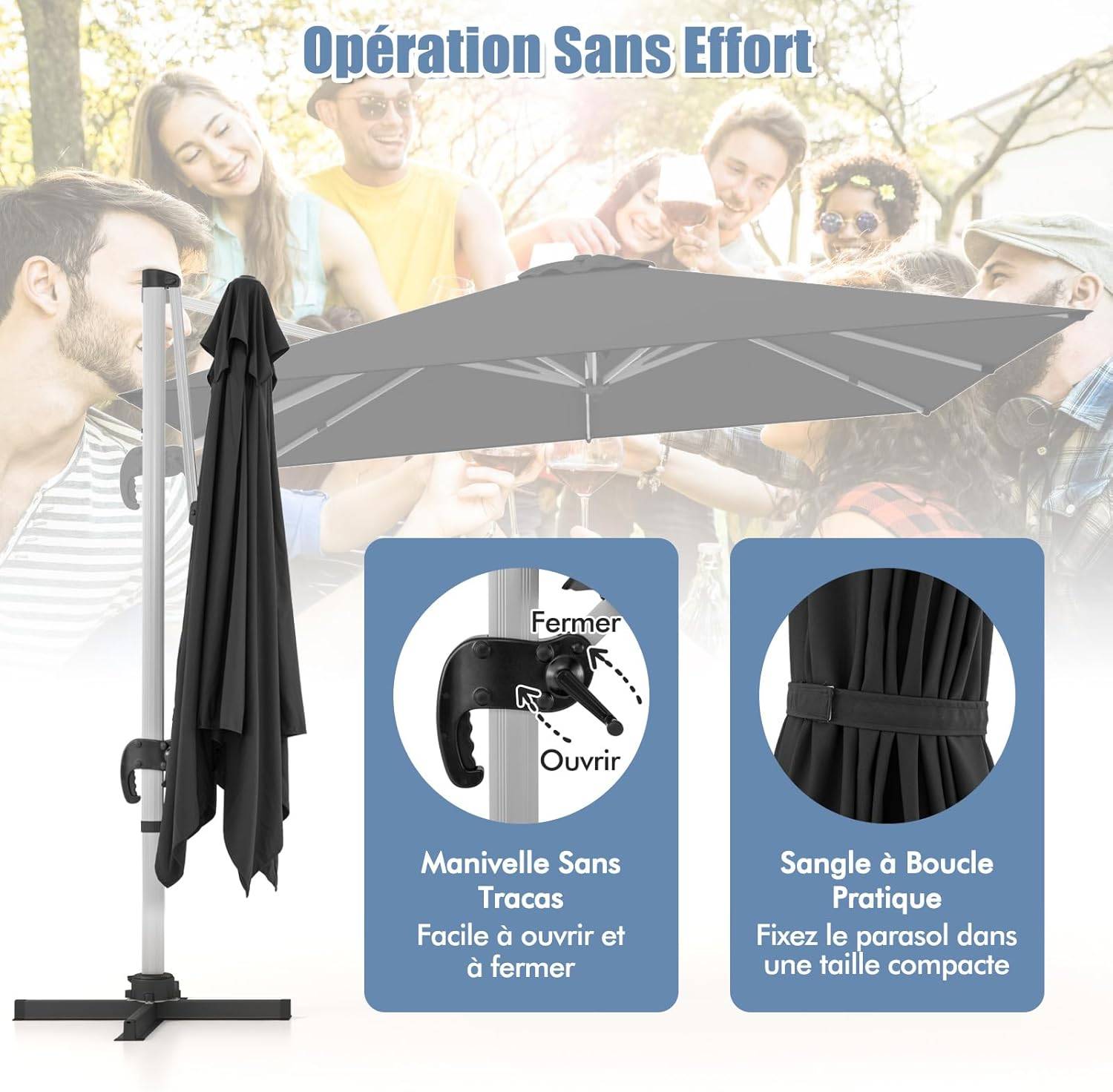 Costway - Parasol Déporté Inclinable 3x3M, Base en Croix, 5 Angles, Hauteurs Réglables, Parasol Excentré Rotatif à 360° avec Manivelle, Double Toit,Noir - Image 8