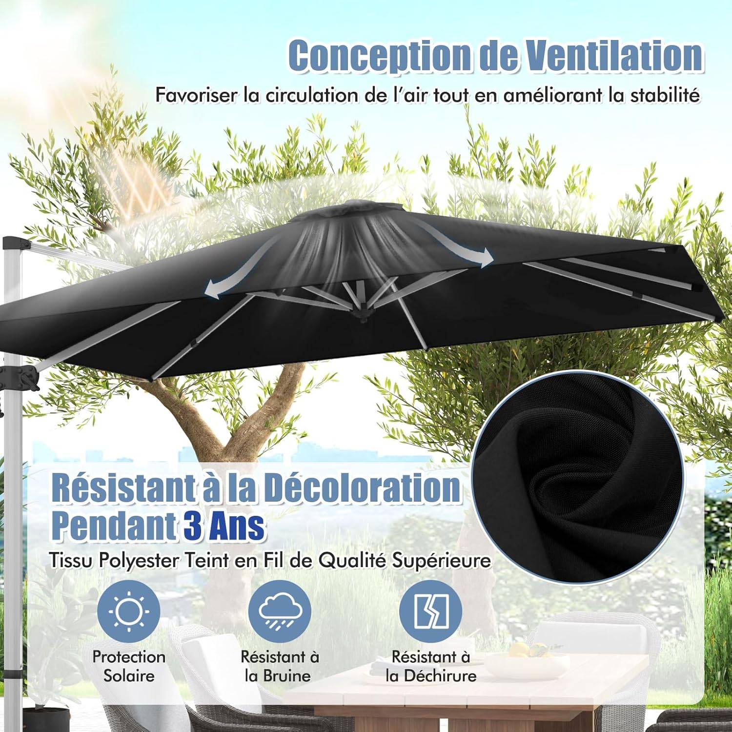 Costway - Parasol Déporté Inclinable 3x3M, Base en Croix, 5 Angles, Hauteurs Réglables, Parasol Excentré Rotatif à 360° avec Manivelle, Double Toit,Noir - Image 5
