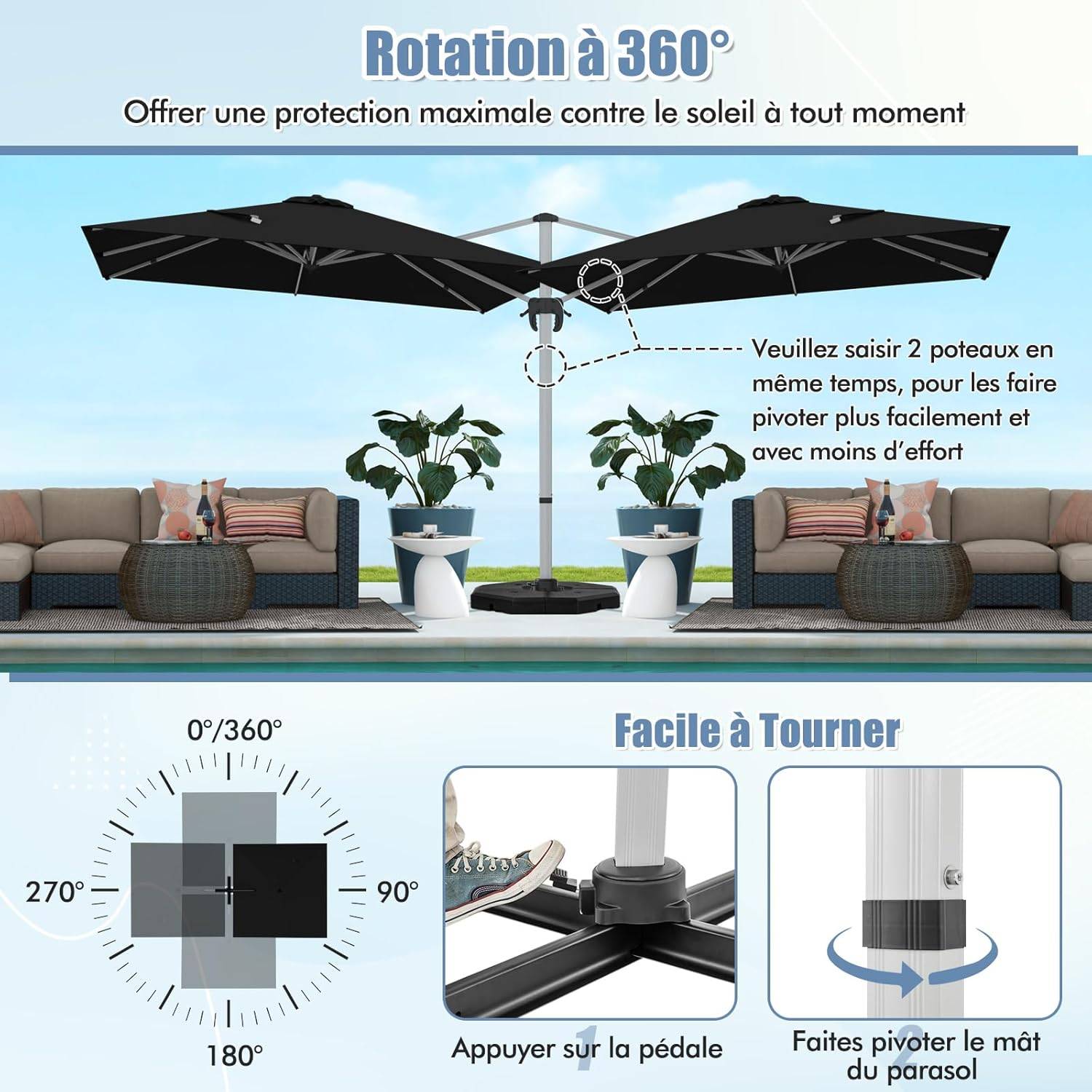 Costway - Parasol Déporté Inclinable 3x3M, Base en Croix, 5 Angles, Hauteurs Réglables, Parasol Excentré Rotatif à 360° avec Manivelle, Double Toit,Noir - Image 7