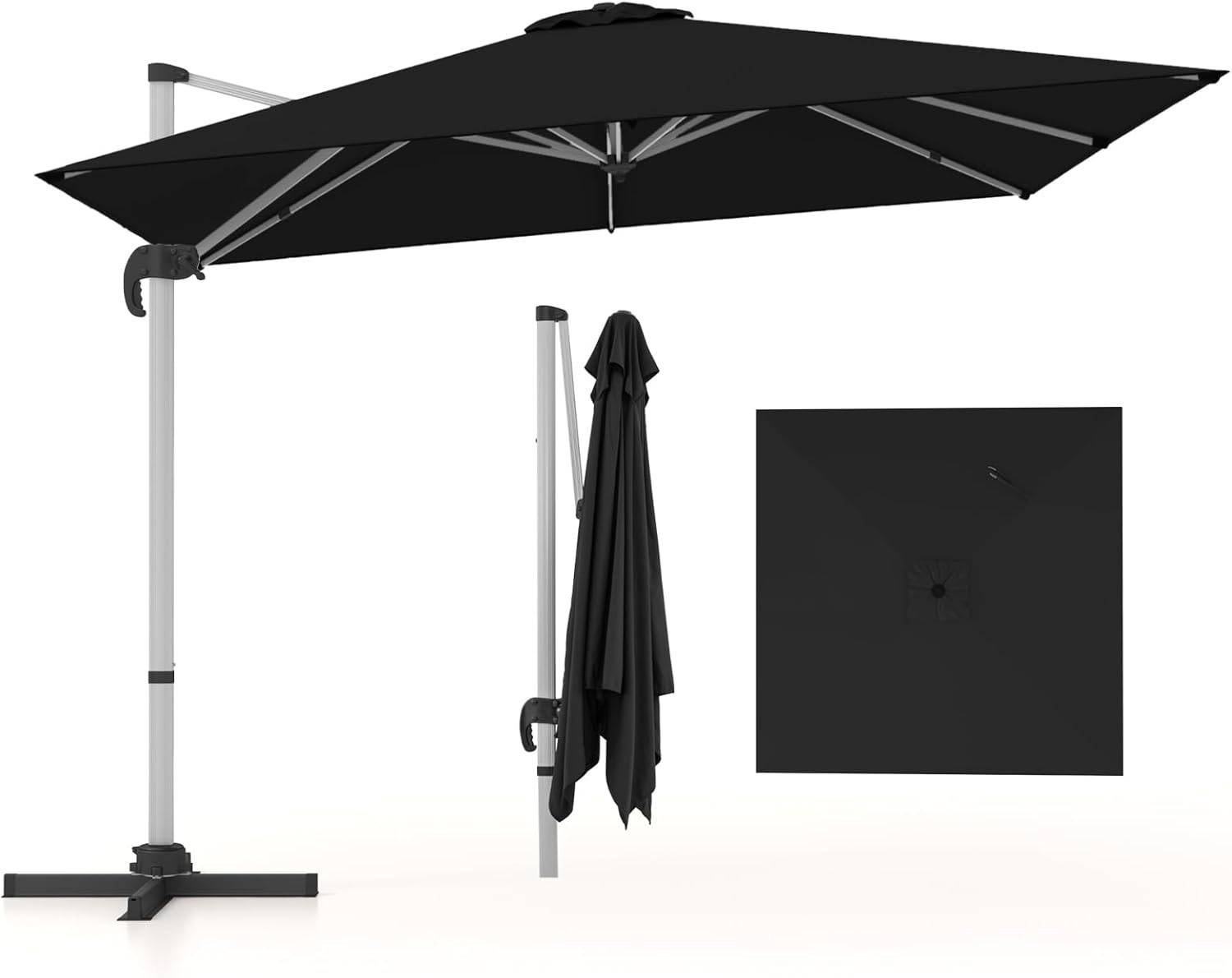 Costway - Parasol Déporté Inclinable 3x3M, Base en Croix, 5 Angles, Hauteurs Réglables, Parasol Excentré Rotatif à 360° avec Manivelle, Double Toit,Noir - Image 1