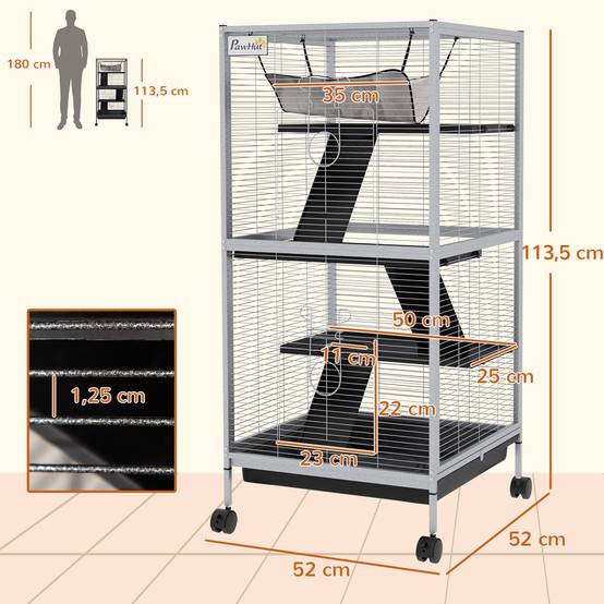 Cage pour petits animaux avec roulettes, 2 portes, 3 rampes, hamac suspendu et plateau amovible, 52 x 52 x 113,5 cm, grise - Image 5