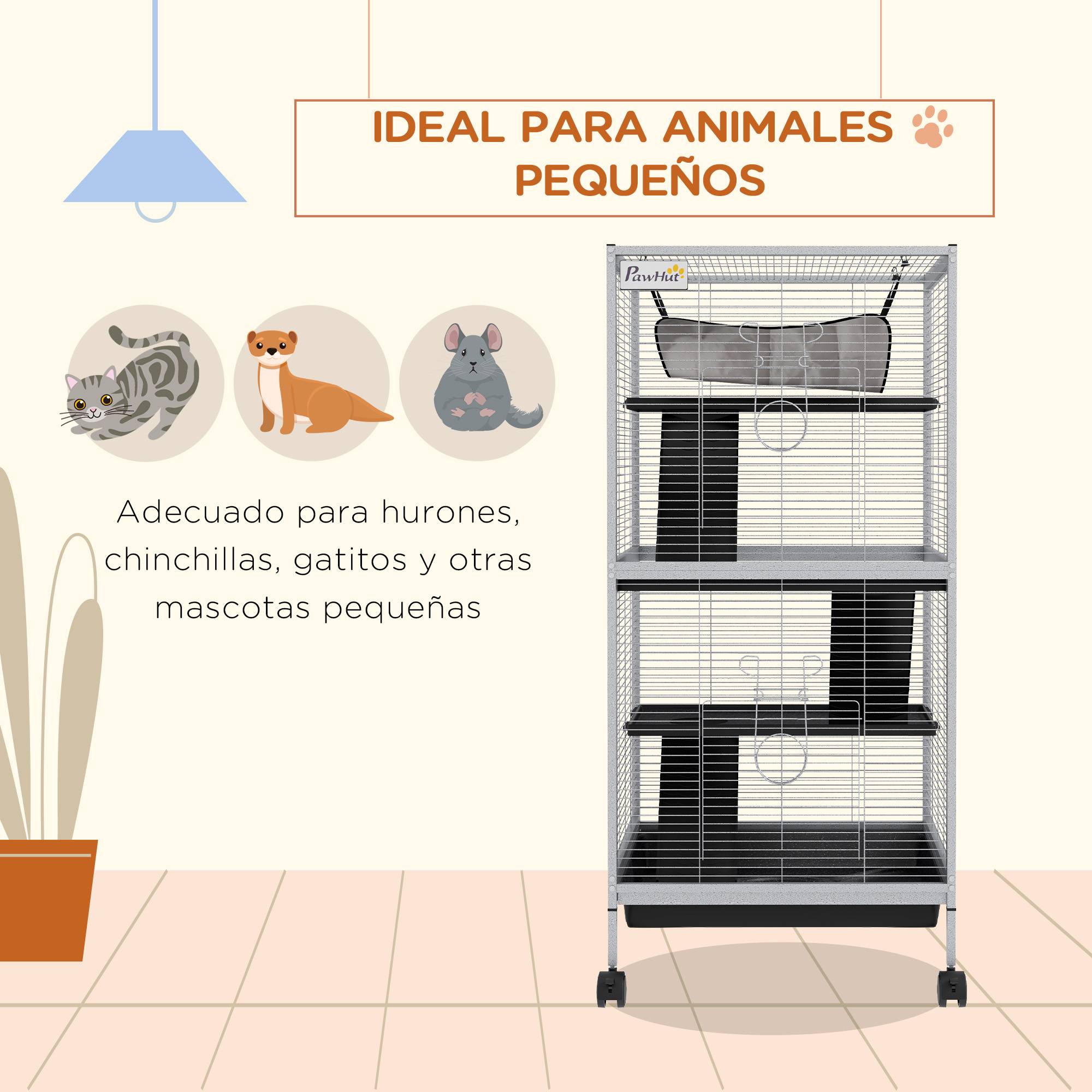 Cage pour petits animaux avec roulettes, 2 portes, 3 rampes, hamac suspendu et plateau amovible, 52 x 52 x 113,5 cm, grise - Image 6