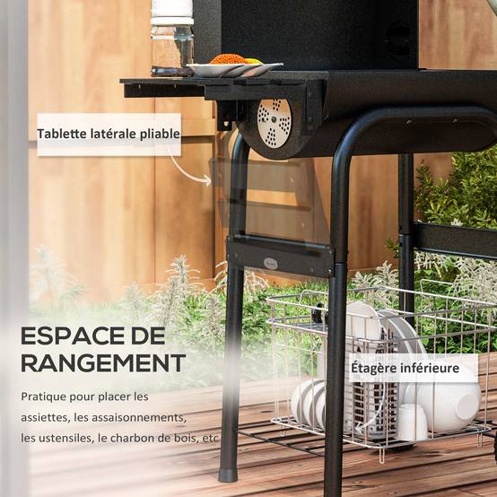 Barbecue à charbon chariot métal jardin couvercle thermomètre cheminée noir 83 cm - ComfortXL Outdoor Living - Image 8
