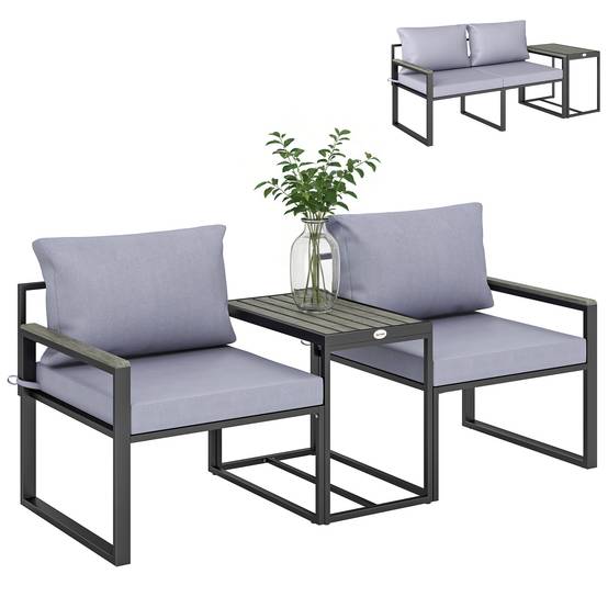 Sans Marque - Ensemble jardin 3 pièces table deux chaises assise coussins textilène gris - Image 1