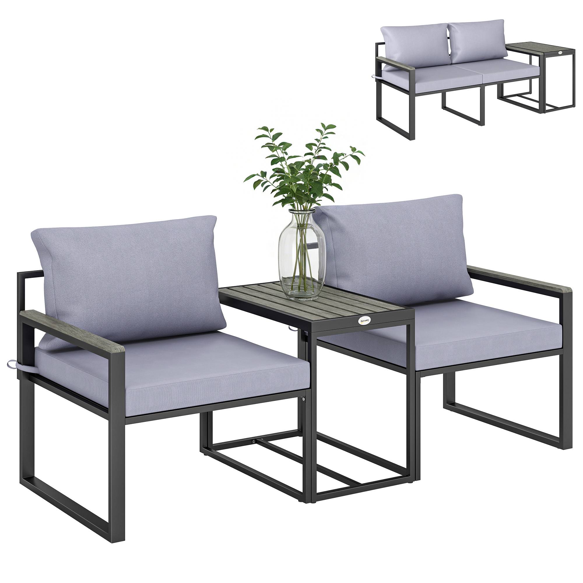Sans Marque - Ensemble jardin 3 pièces table deux chaises assise coussins textilène gris - Image 1