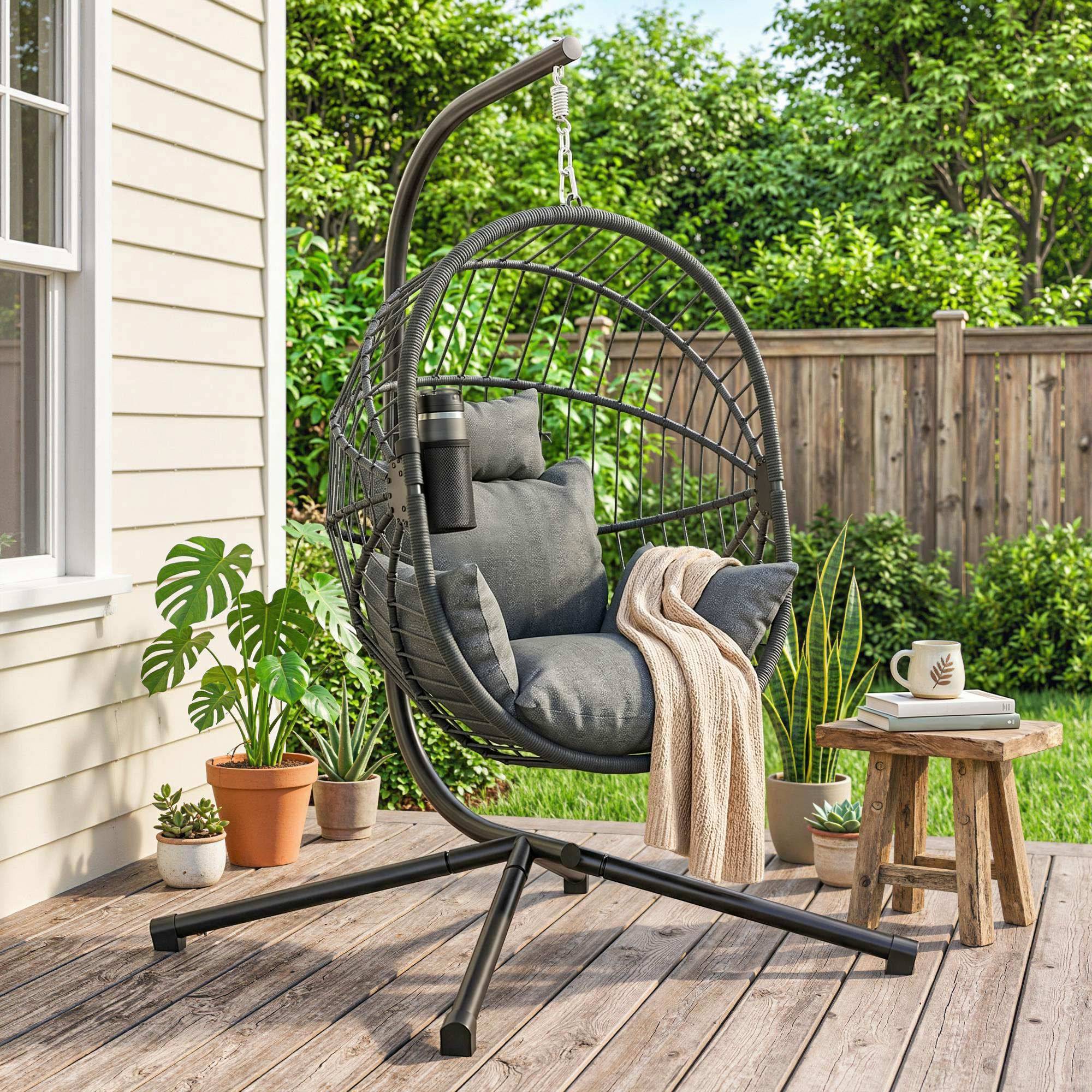 Fauteuil œuf suspendu, chaise hamac balançoire intérieur et extérieur, panier pliable, coussin rembourré, gris - Image 3