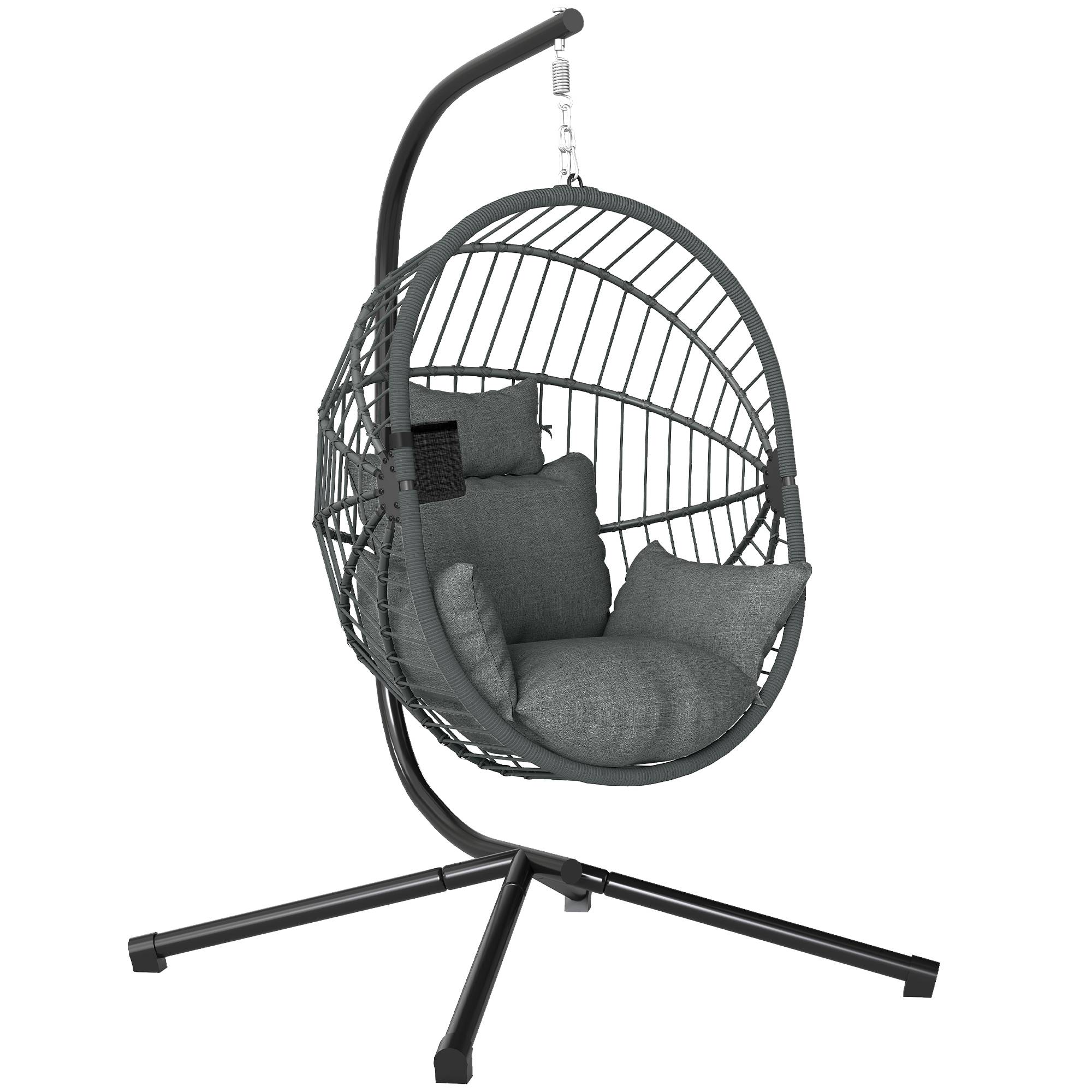 Fauteuil œuf suspendu, chaise hamac balançoire intérieur et extérieur, panier pliable, coussin rembourré, gris - Image 1