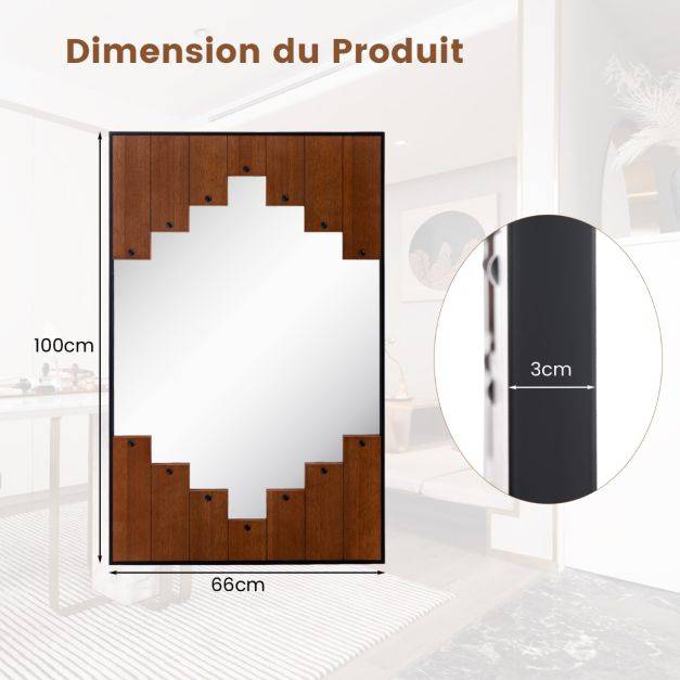 Helloshop26 - Miroir mural rectangulaire décoratif grand miroir mural 100 x 66 cm avec cadre en forme de touches de piano crochet bidirectionnel pour salon noir - Image 6