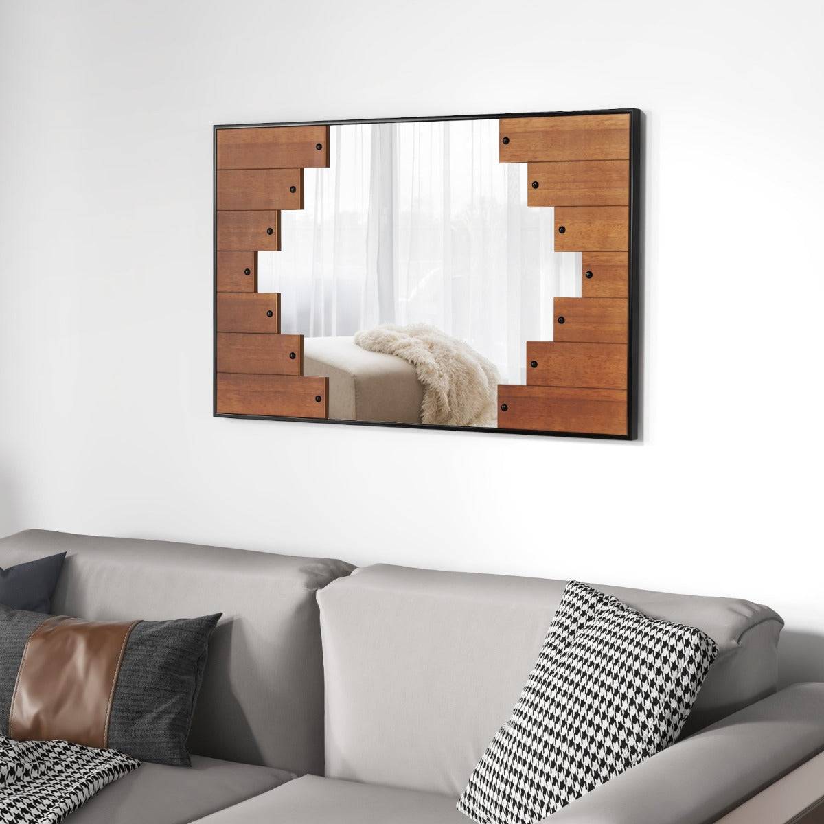 Helloshop26 - Miroir mural rectangulaire décoratif grand miroir mural 100 x 66 cm avec cadre en forme de touches de piano crochet bidirectionnel pour salon noir - Image 1