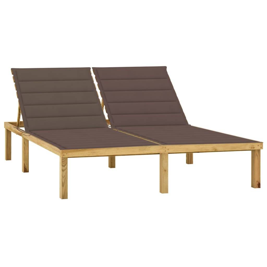 Helloshop26 - Transat chaise longue bain de soleil lit de jardin terrasse meuble d'extérieur double et coussins taupe pin imprégné - Image 1