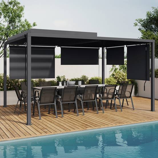 Pergola bioclimatique lames orientables acier 3x4 M et 4 stores gris anthracite - Image 1