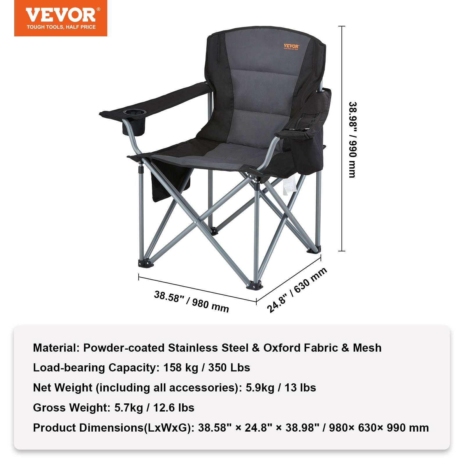 Chaise camping pliable, charge 158 kg, inox. Avec porte-gobelet, 3 sacs rangement. Pour pêche, pique-nique. - Image 7