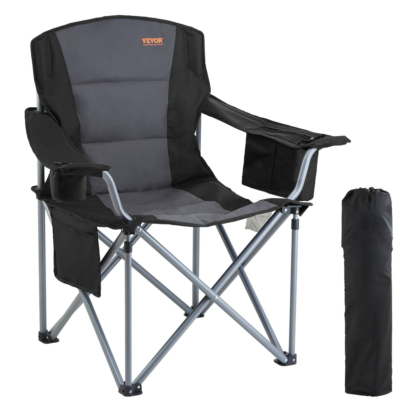 Chaise camping pliable, charge 158 kg, inox. Avec porte-gobelet, 3 sacs rangement. Pour pêche, pique-nique. - Image 1