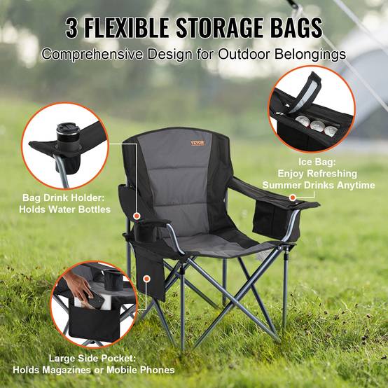 Chaise camping pliable, charge 158 kg, inox. Avec porte-gobelet, 3 sacs rangement. Pour pêche, pique-nique. - Image 5