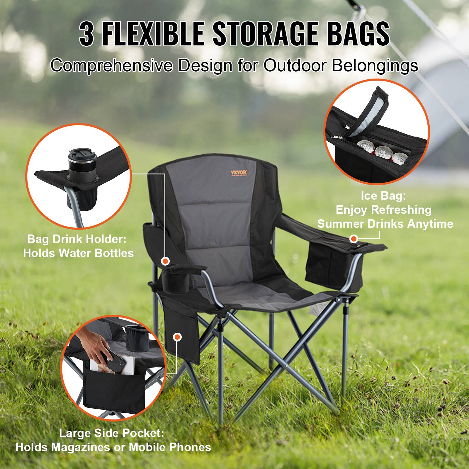 Chaise camping pliable, charge 158 kg, inox. Avec porte-gobelet, 3 sacs rangement. Pour pêche, pique-nique. - Image 5