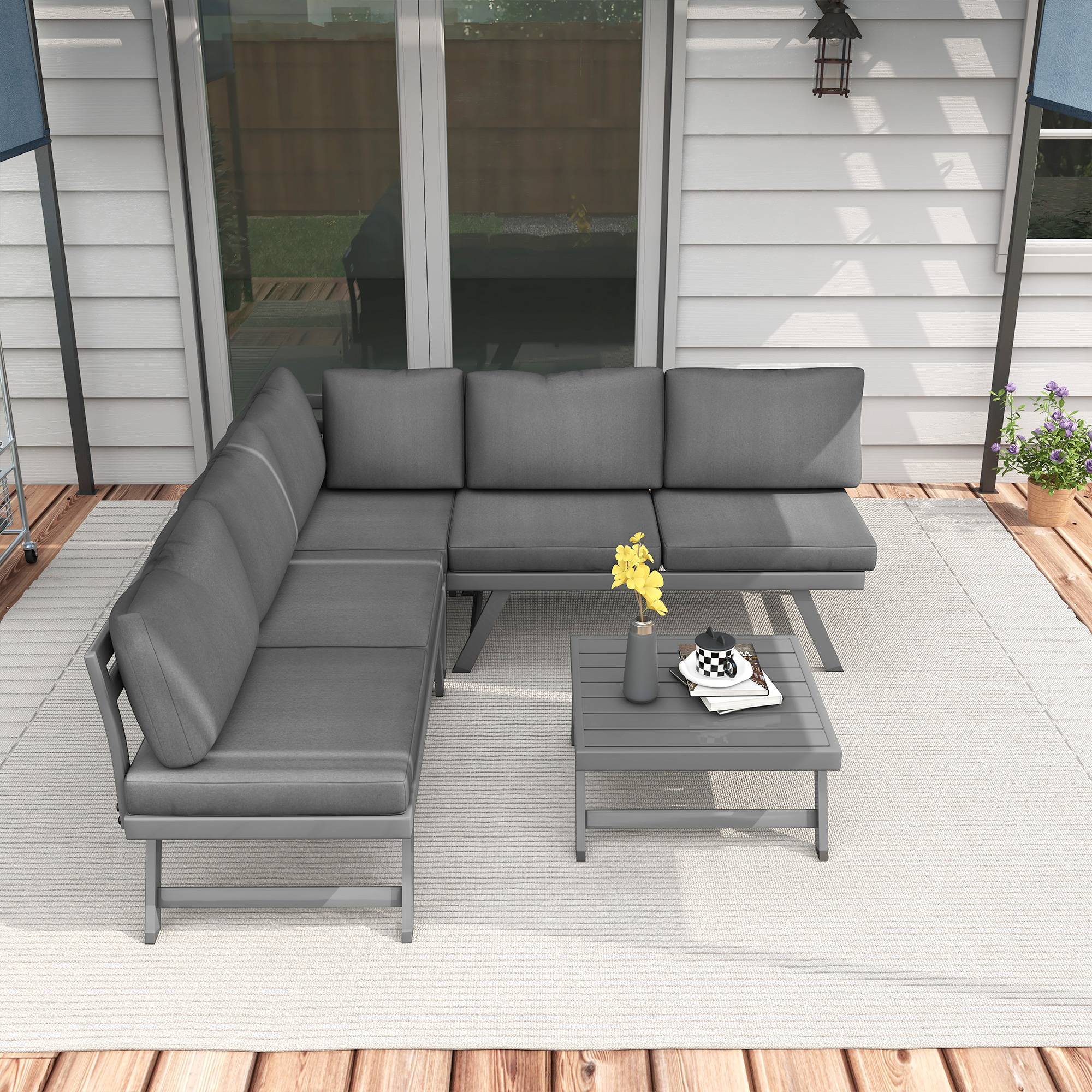 Outsunny - Salon de jardin convertible 4 pièces avec 2 banquettes, fauteuil d'angle et table basse aluminium et métal - Outsunny - Image 4