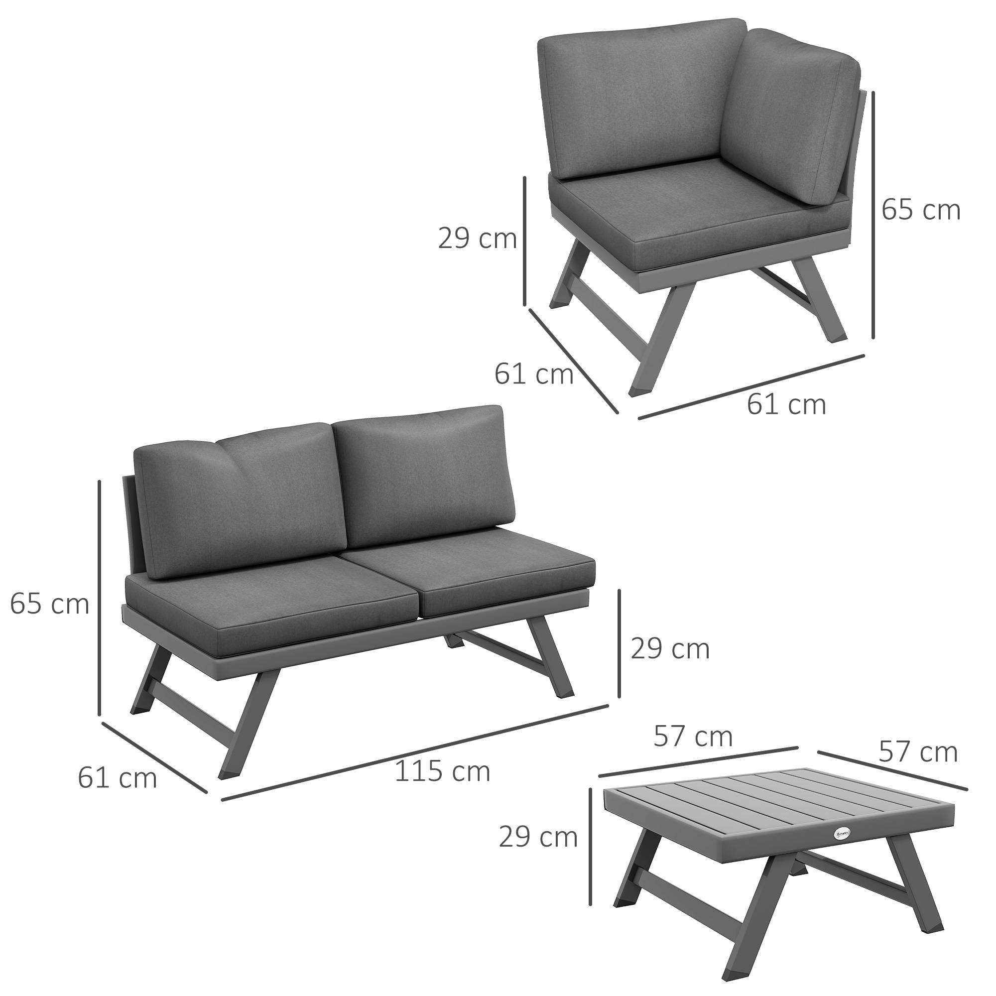 Outsunny - Salon de jardin convertible 4 pièces avec 2 banquettes, fauteuil d'angle et table basse aluminium et métal - Outsunny - Image 3