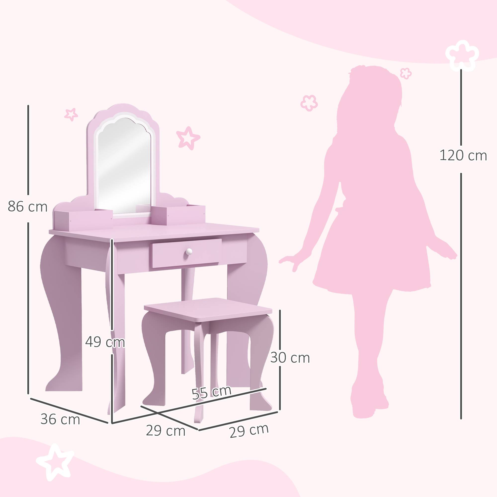Sans Marque - Ensemble coiffeuse pour fille avec miroir de maquillage, tabouret en bois assorti, tiroir et rangements, rose - Image 5