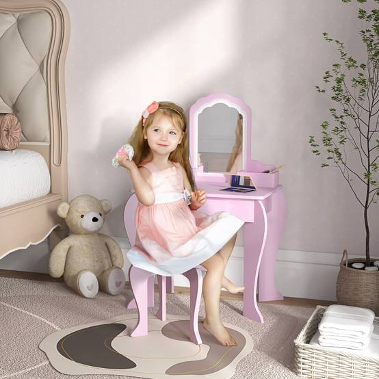 Sans Marque - Ensemble coiffeuse pour fille avec miroir de maquillage, tabouret en bois assorti, tiroir et rangements, rose - Image 3
